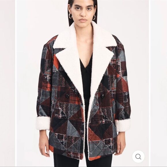 Derek Lam 10 Crosby Hayden Quilted Red Black Faux Fur Coat Peacoat Large - Picture 2 of 11